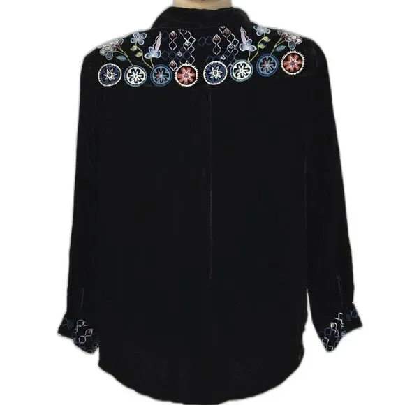 JOHNNY WAS  Black Velvet Button Down Embroidered Shirt Size XS - Picture 2 of 3